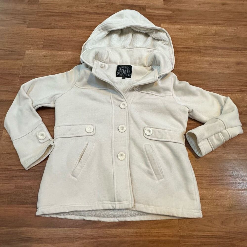 YMI Hooded Button Up Jacket Cream Colored Jacket | Size Large